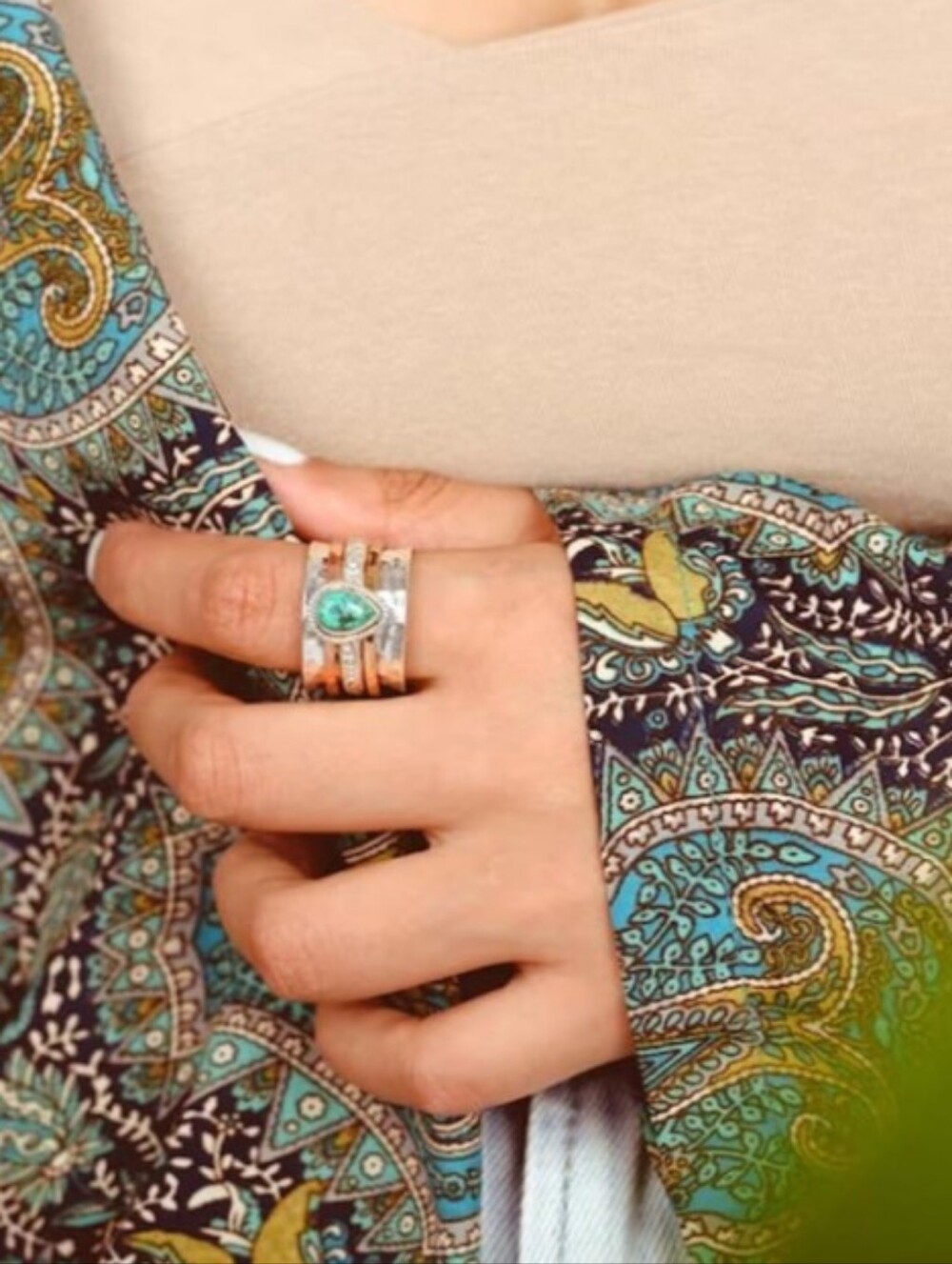 Stackable Silver Ring Set with Teardrop Turquoise Stone - Women Jewelry